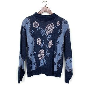 Vintage Jonathan Cass Blue & Pink Floral Knit Grandma Sweater Size Medium